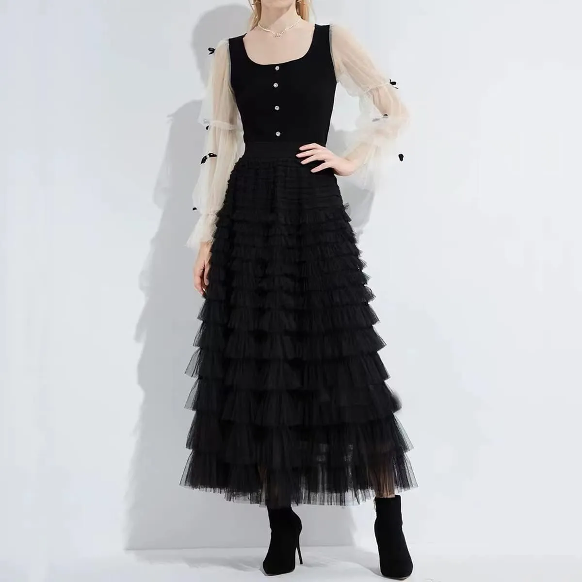 Women’s Layered Ruffles Tulle Skirt Pleated High Waist Fluffy Maxi Skirt Fairy Cake Dress Long Tutu Party Skirt