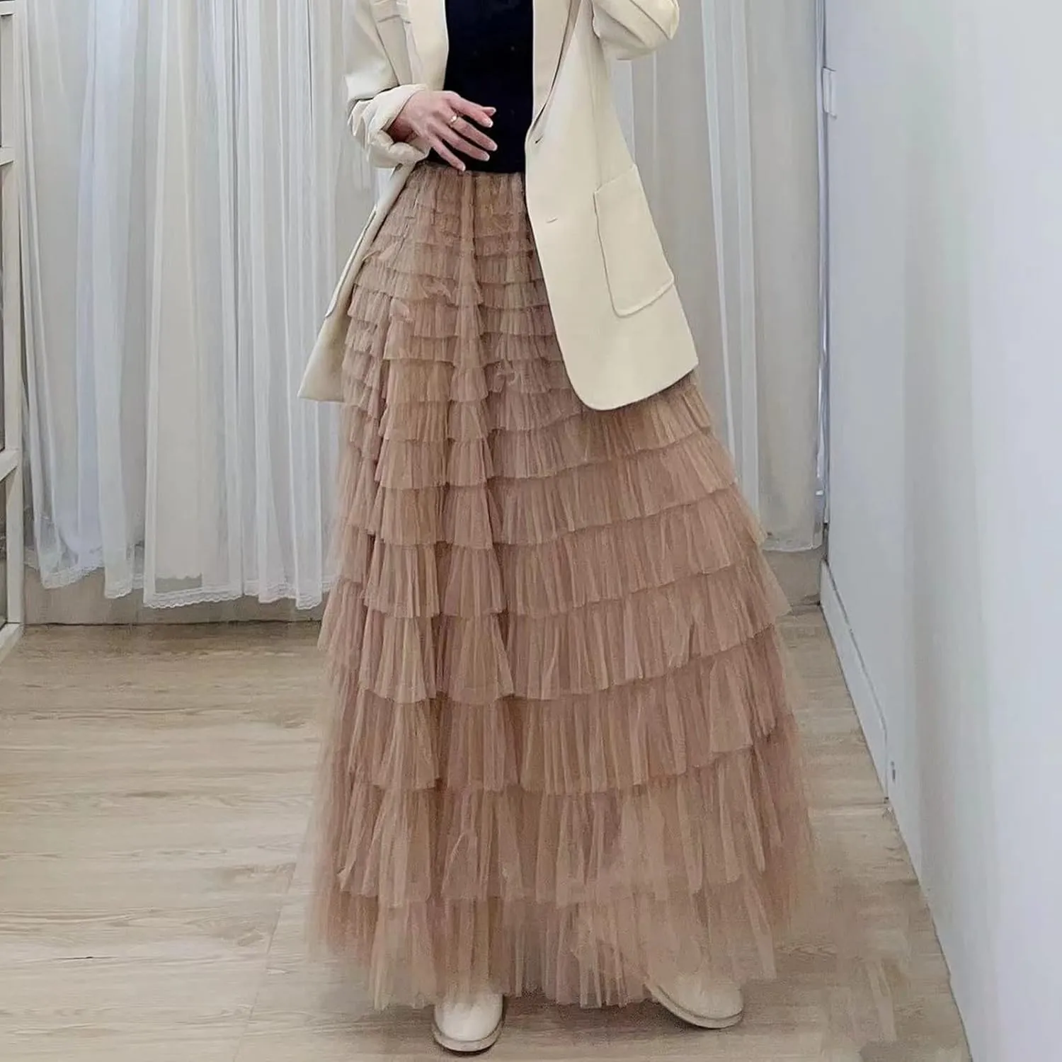 Women’s Layered Ruffles Tulle Skirt Pleated High Waist Fluffy Maxi Skirt Fairy Cake Dress Long Tutu Party Skirt