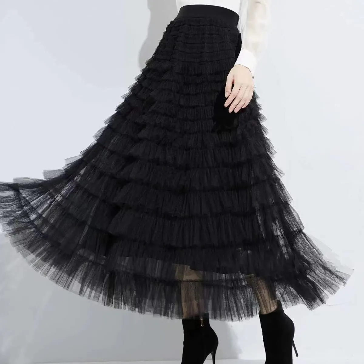 Women’s Layered Ruffles Tulle Skirt Pleated High Waist Fluffy Maxi Skirt Fairy Cake Dress Long Tutu Party Skirt