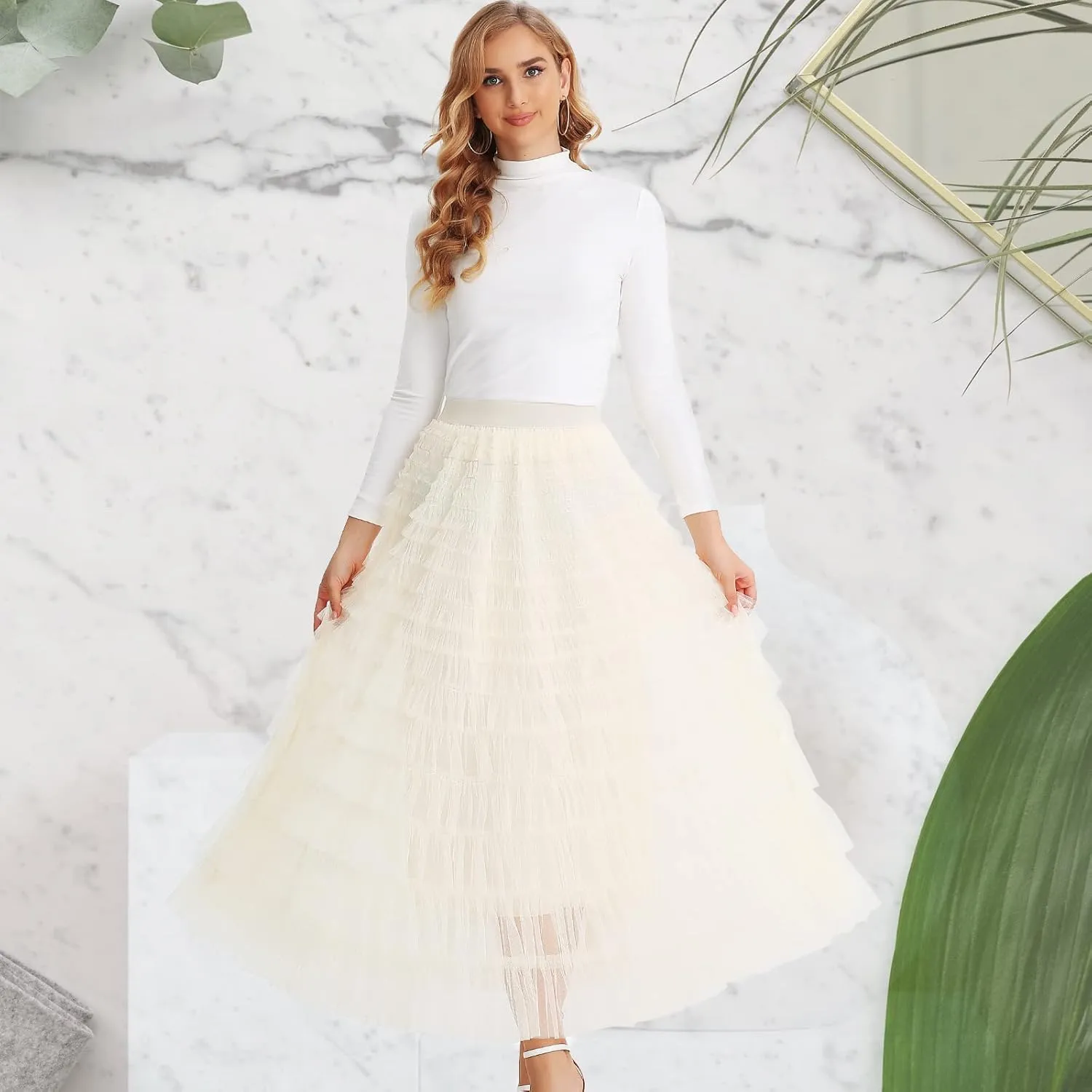 Women’s Layered Ruffles Tulle Skirt Pleated High Waist Fluffy Maxi Skirt Fairy Cake Dress Long Tutu Party Skirt