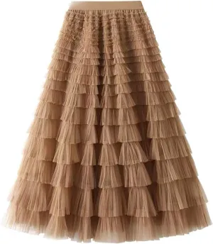 Women’s Layered Ruffles Tulle Skirt Pleated High Waist Fluffy Maxi Skirt Fairy Cake Dress Long Tutu Party Skirt