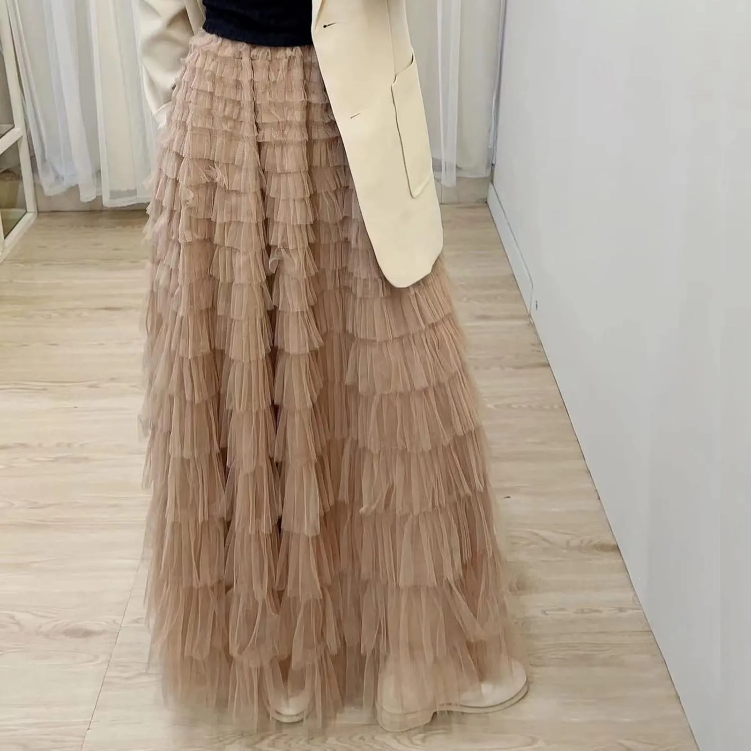 Women’s Layered Ruffles Tulle Skirt Pleated High Waist Fluffy Maxi Skirt Fairy Cake Dress Long Tutu Party Skirt