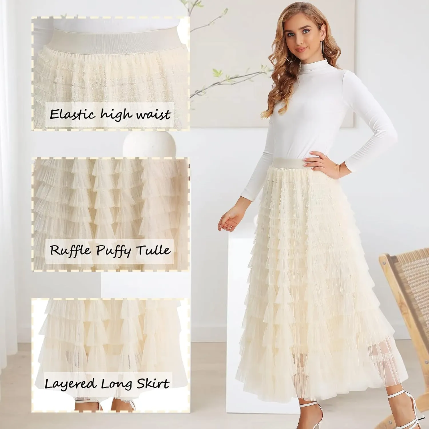 Women’s Layered Ruffles Tulle Skirt Pleated High Waist Fluffy Maxi Skirt Fairy Cake Dress Long Tutu Party Skirt