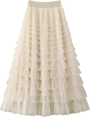 Women’s Layered Ruffles Tulle Skirt Pleated High Waist Fluffy Maxi Skirt Fairy Cake Dress Long Tutu Party Skirt