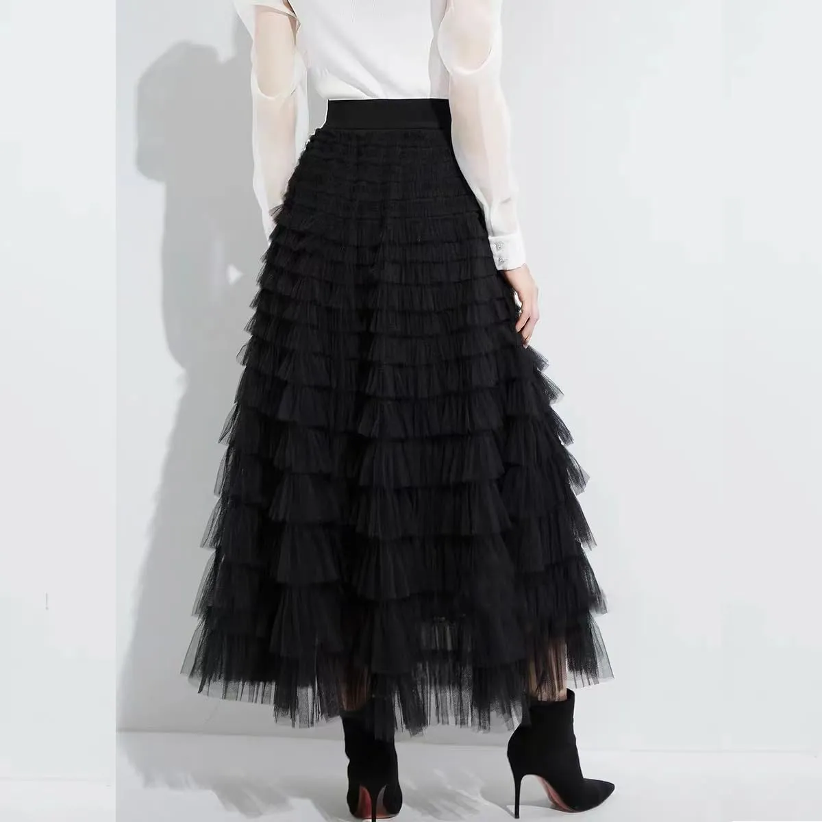 Women’s Layered Ruffles Tulle Skirt Pleated High Waist Fluffy Maxi Skirt Fairy Cake Dress Long Tutu Party Skirt
