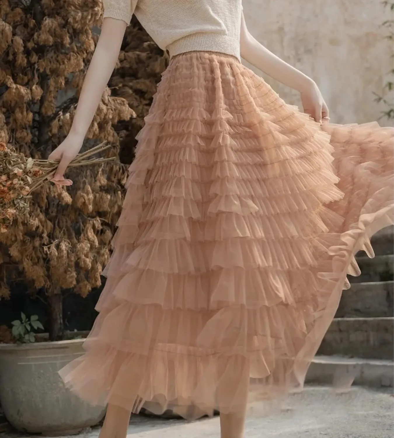 Women’s Layered Ruffles Tulle Skirt Pleated High Waist Fluffy Maxi Skirt Fairy Cake Dress Long Tutu Party Skirt