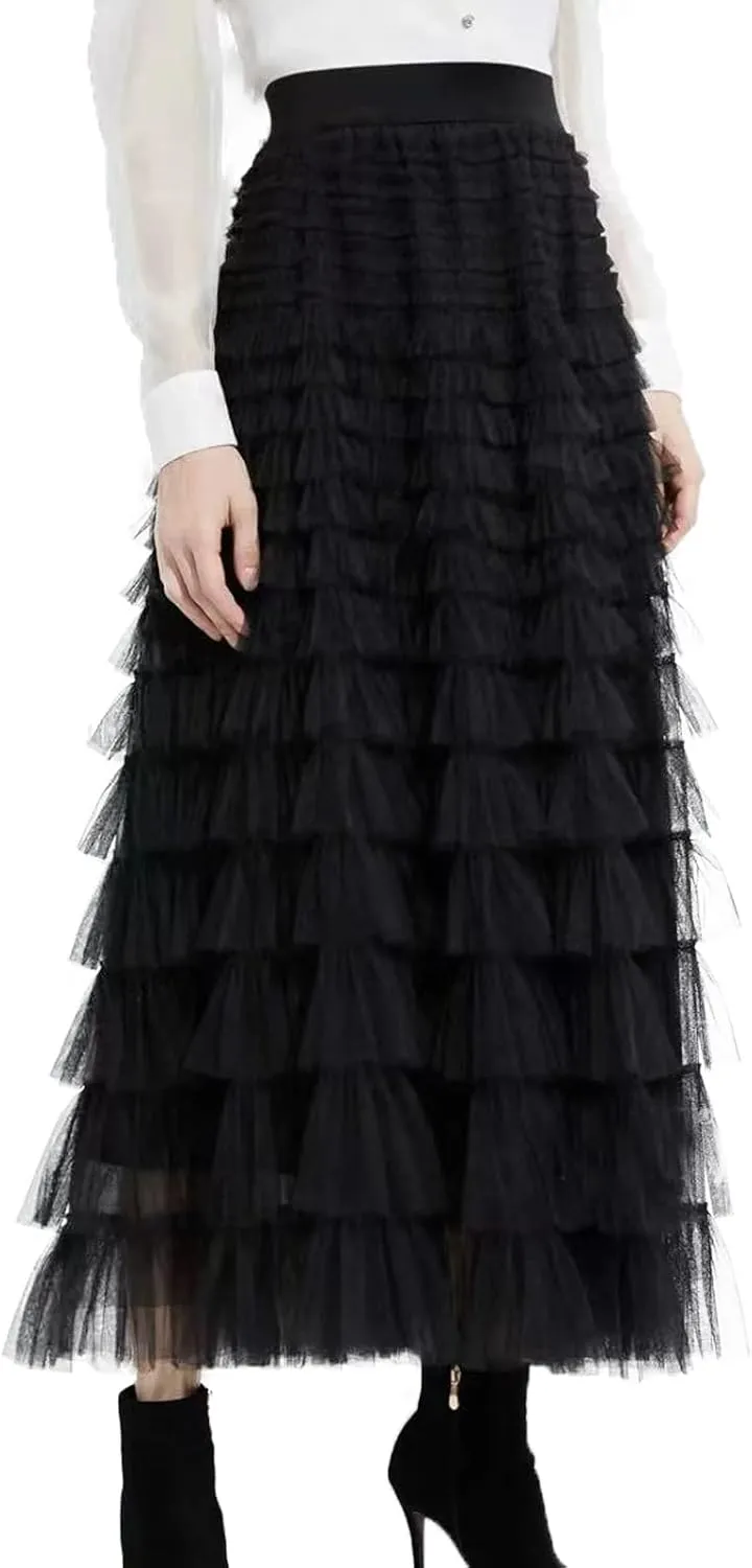 Women’s Layered Ruffles Tulle Skirt Pleated High Waist Fluffy Maxi Skirt Fairy Cake Dress Long Tutu Party Skirt