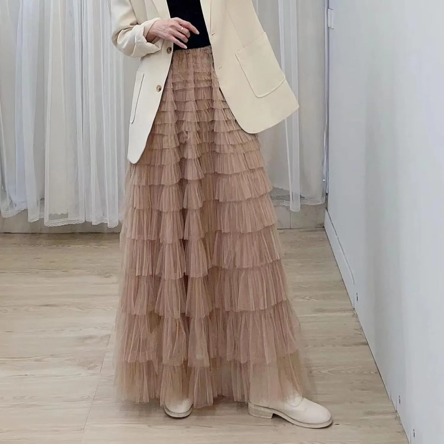 Women’s Layered Ruffles Tulle Skirt Pleated High Waist Fluffy Maxi Skirt Fairy Cake Dress Long Tutu Party Skirt