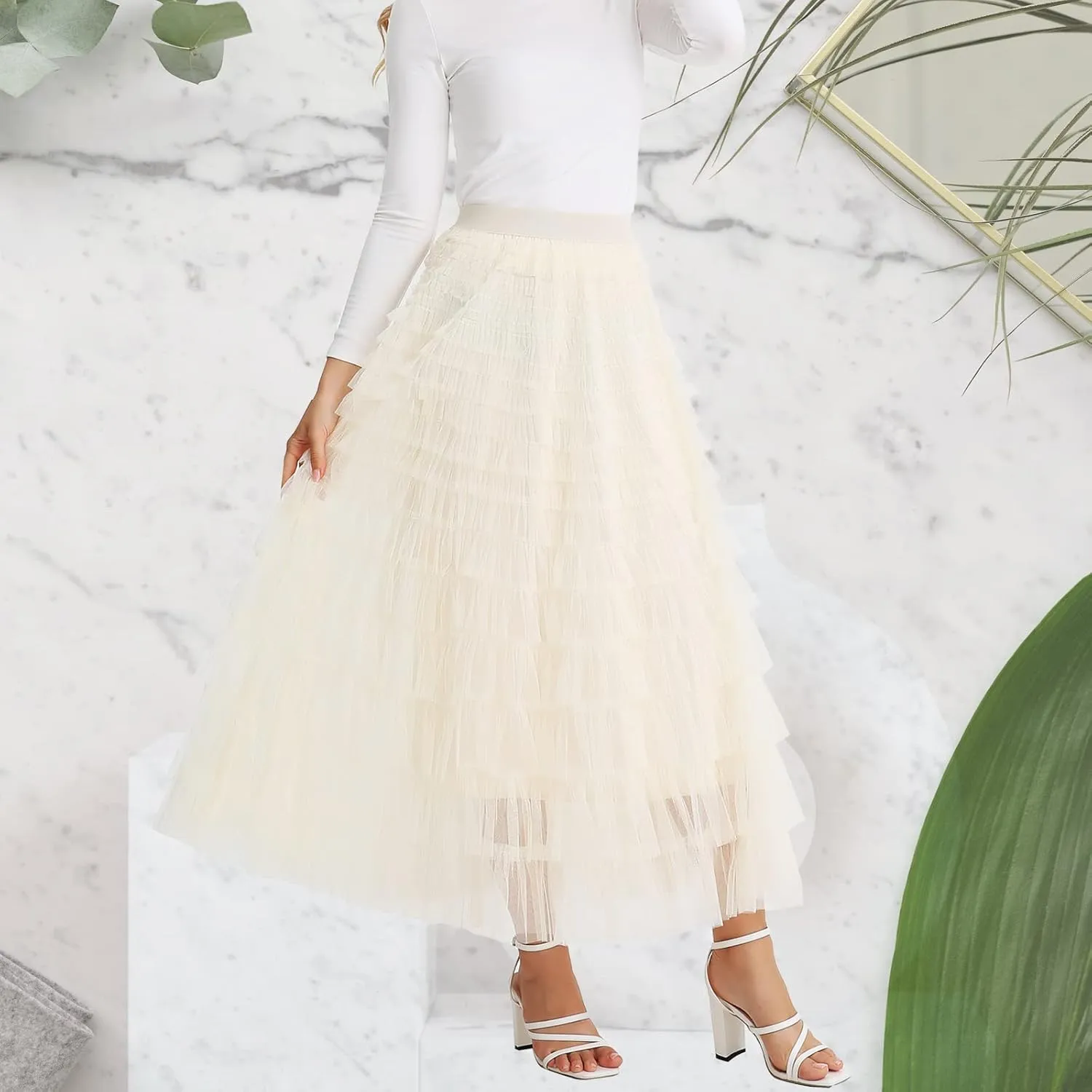 Women’s Layered Ruffles Tulle Skirt Pleated High Waist Fluffy Maxi Skirt Fairy Cake Dress Long Tutu Party Skirt