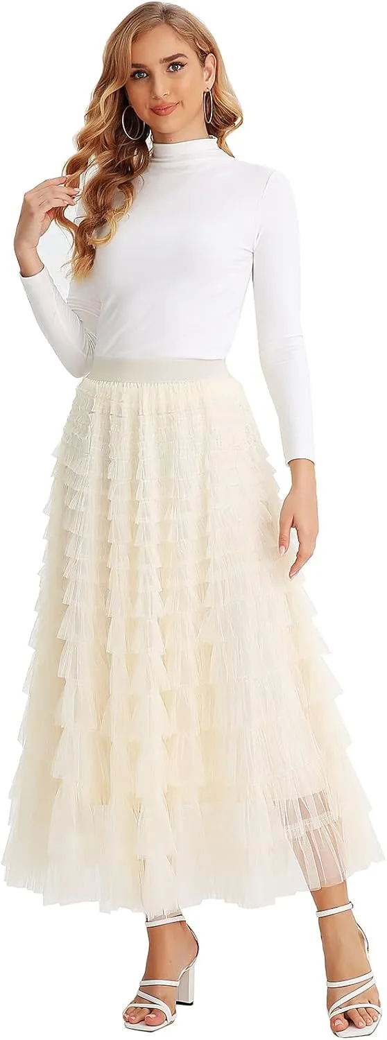 Women’s Layered Ruffles Tulle Skirt Pleated High Waist Fluffy Maxi Skirt Fairy Cake Dress Long Tutu Party Skirt