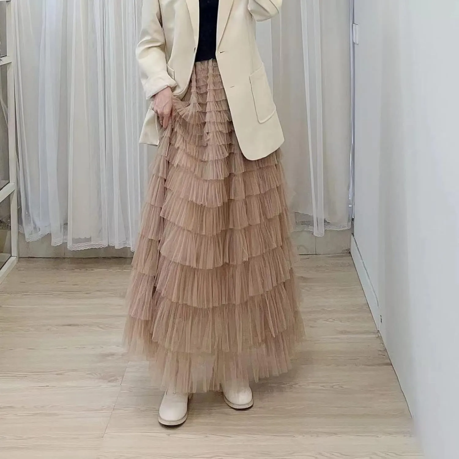 Women’s Layered Ruffles Tulle Skirt Pleated High Waist Fluffy Maxi Skirt Fairy Cake Dress Long Tutu Party Skirt