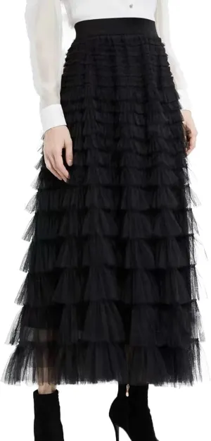 Women’s Layered Ruffles Tulle Skirt Pleated High Waist Fluffy Maxi Skirt Fairy Cake Dress Long Tutu Party Skirt