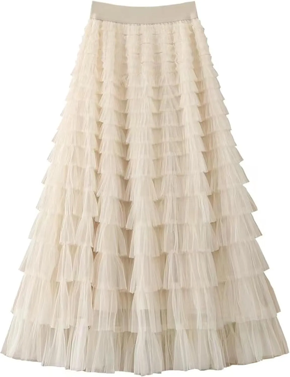 Women’s Layered Ruffles Tulle Skirt Pleated High Waist Fluffy Maxi Skirt Fairy Cake Dress Long Tutu Party Skirt