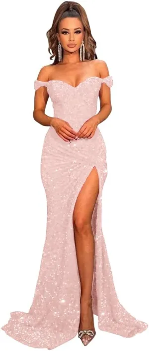 Women's Off Shoulder Mermaid Prom Dresses 2025 Long Sequin Formal Evening Gowns with Slit