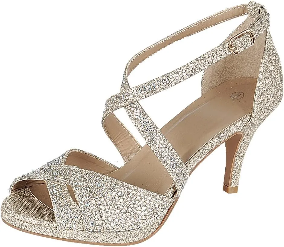 Women's Peep Toe Crisscross Ankle Strappy Glitter Crystal Rhinestone Mid Heel Sandal (10 B(M) US, Champagne)