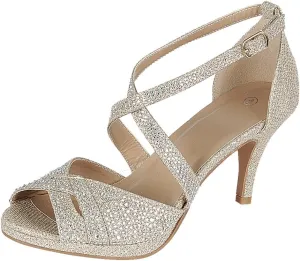 Women's Peep Toe Crisscross Ankle Strappy Glitter Crystal Rhinestone Mid Heel Sandal (10 B(M) US, Champagne)