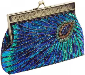 Women's Sequin Beaded Evening Bag Retro Peacock Clutch Bridal Purse Vintage Sparkly Handbag for Party Wedding Cocktail
