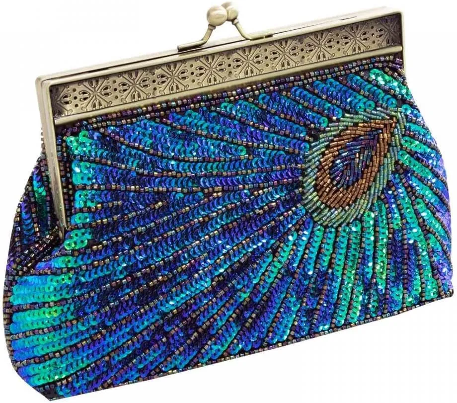 Women's Sequin Beaded Evening Bag Retro Peacock Clutch Bridal Purse Vintage Sparkly Handbag for Party Wedding Cocktail