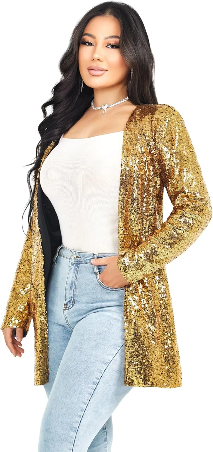 Women's Sequin Jacket Long Sleeve Open Front Blazer Glitter Sparkly Coat Party Casual Cardigan