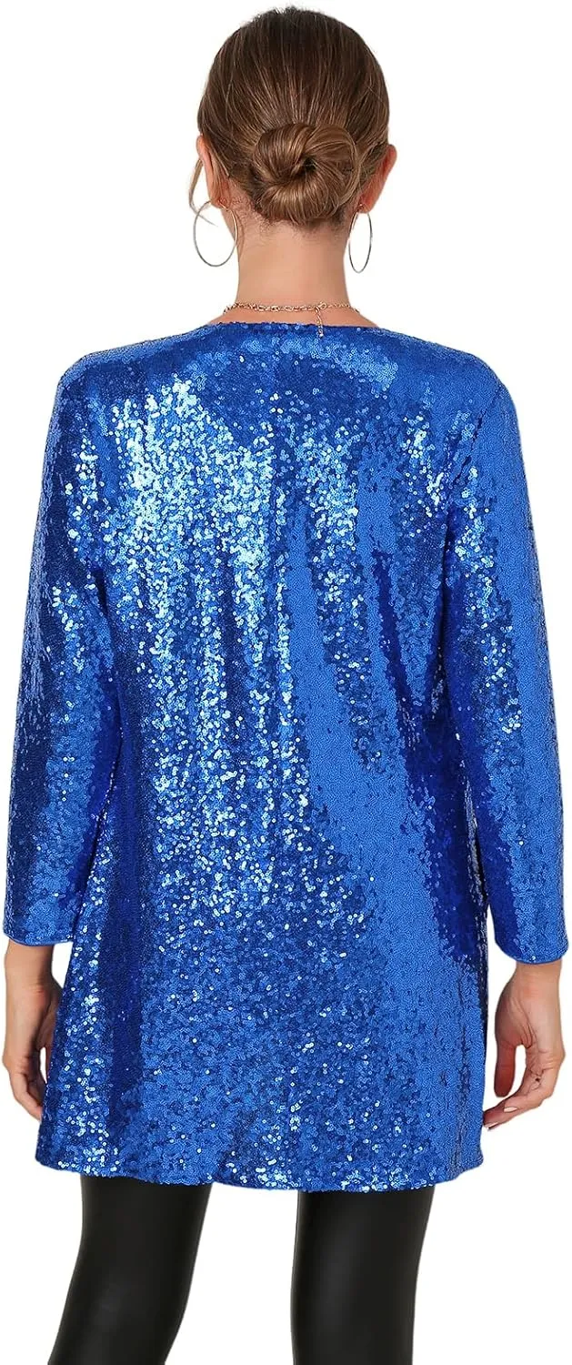 Women's Sequin Jacket Long Sleeve Open Front Blazer Glitter Sparkly Coat Party Casual Cardigan