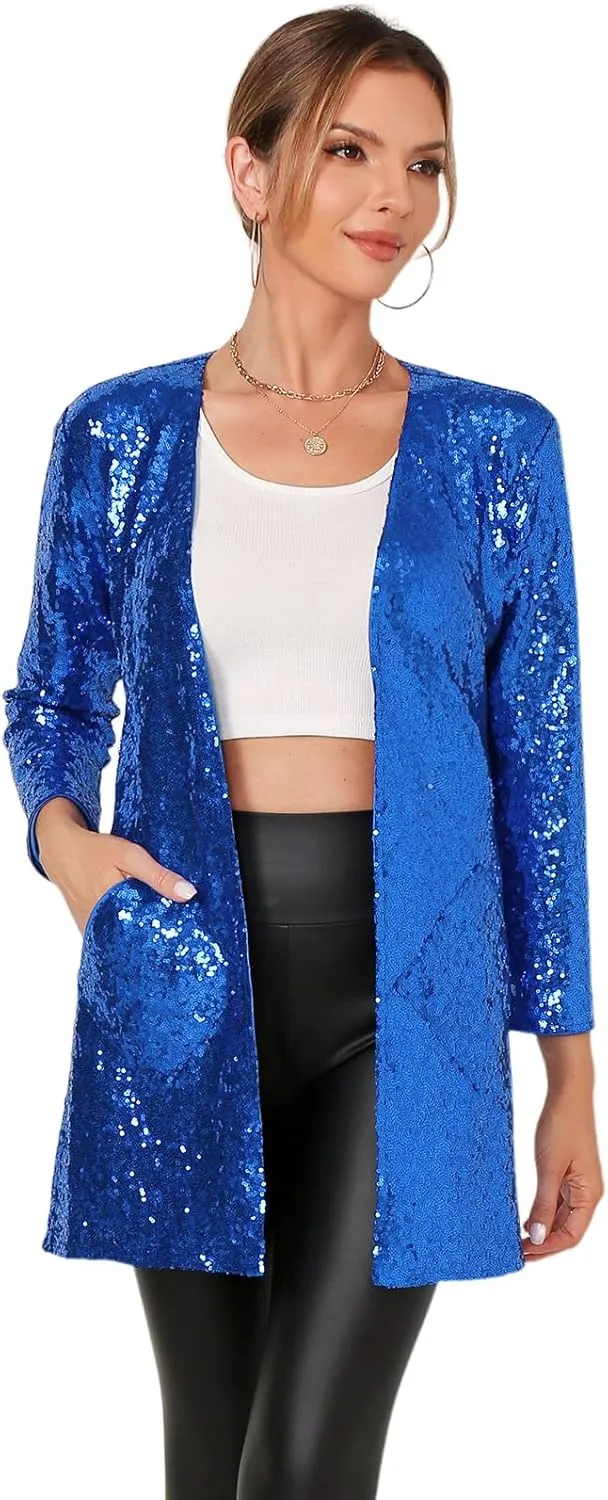 Women's Sequin Jacket Long Sleeve Open Front Blazer Glitter Sparkly Coat Party Casual Cardigan