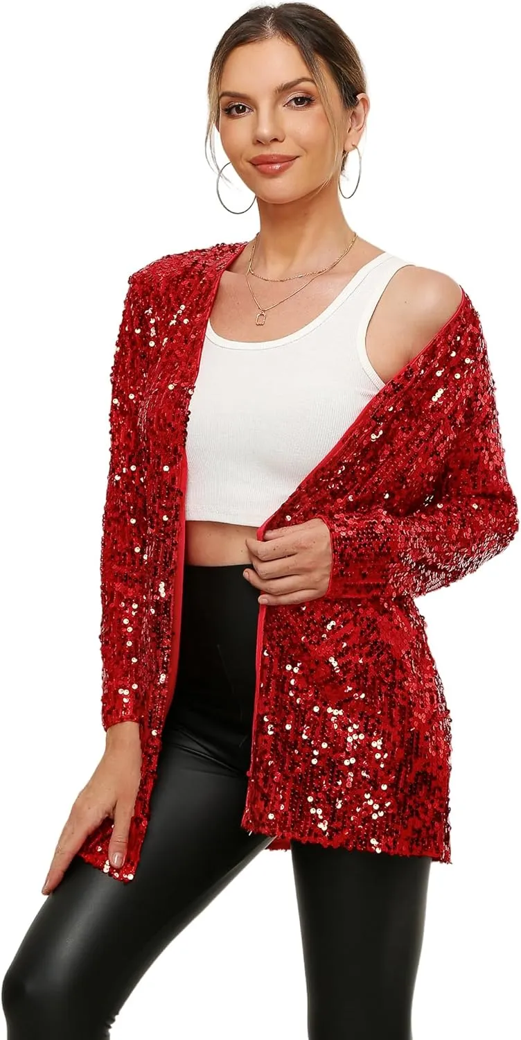 Women's Sequin Jacket Long Sleeve Open Front Blazer Glitter Sparkly Coat Party Casual Cardigan
