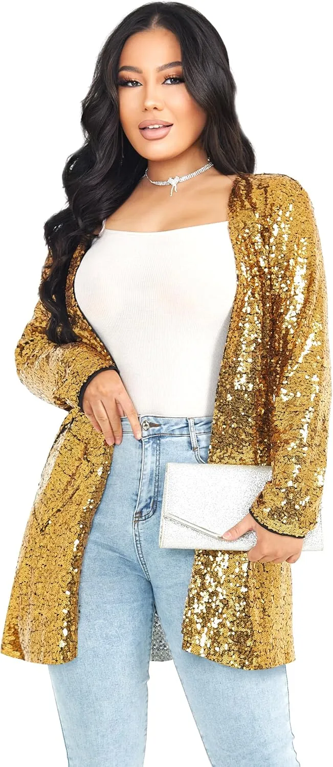 Women's Sequin Jacket Long Sleeve Open Front Blazer Glitter Sparkly Coat Party Casual Cardigan