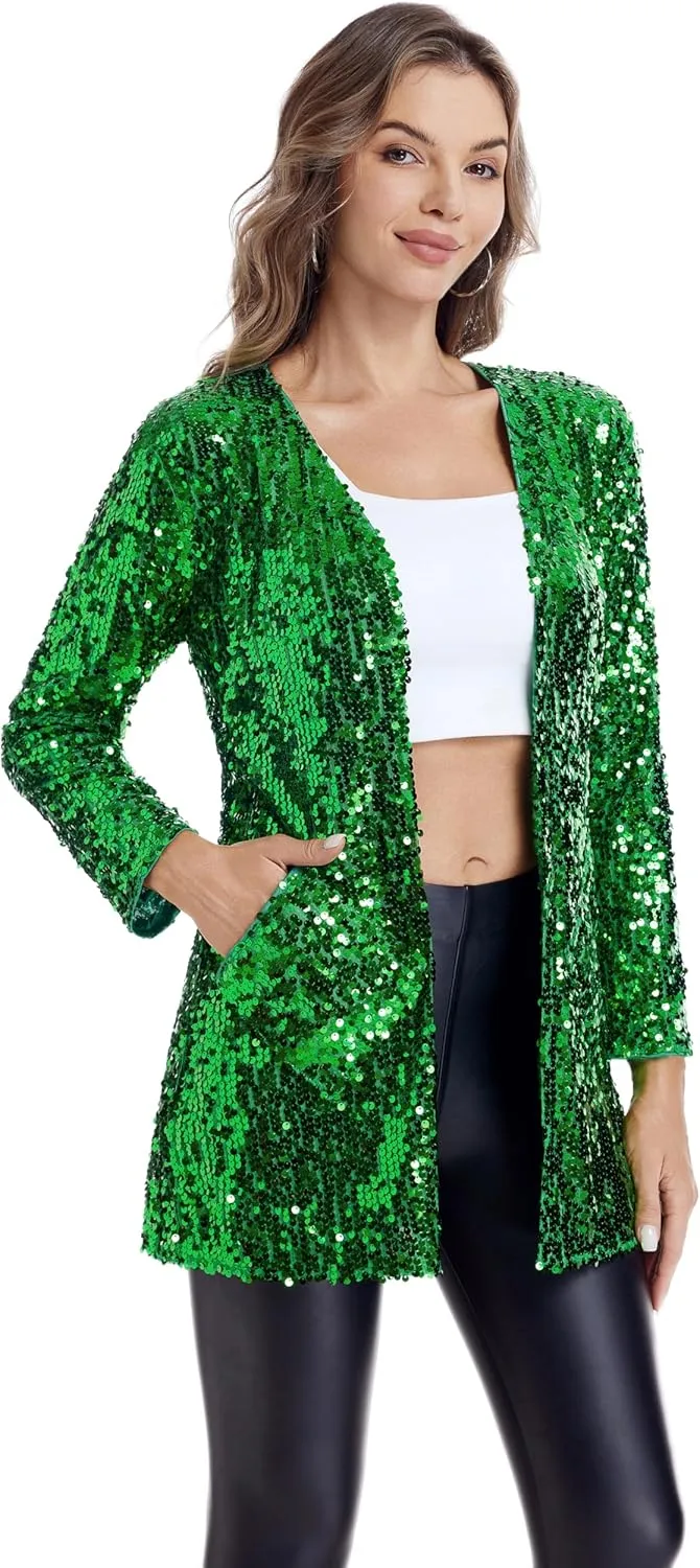 Women's Sequin Jacket Long Sleeve Open Front Blazer Glitter Sparkly Coat Party Casual Cardigan