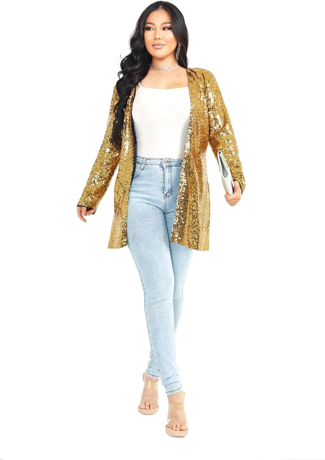 Women's Sequin Jacket Long Sleeve Open Front Blazer Glitter Sparkly Coat Party Casual Cardigan