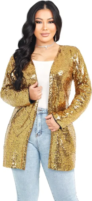Women's Sequin Jacket Long Sleeve Open Front Blazer Glitter Sparkly Coat Party Casual Cardigan