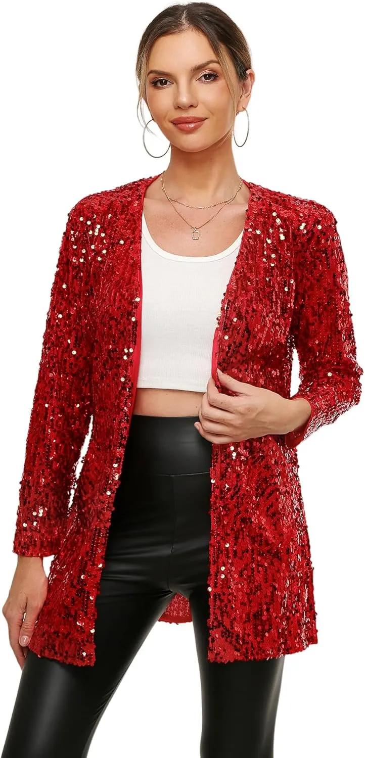 Women's Sequin Jacket Long Sleeve Open Front Blazer Glitter Sparkly Coat Party Casual Cardigan