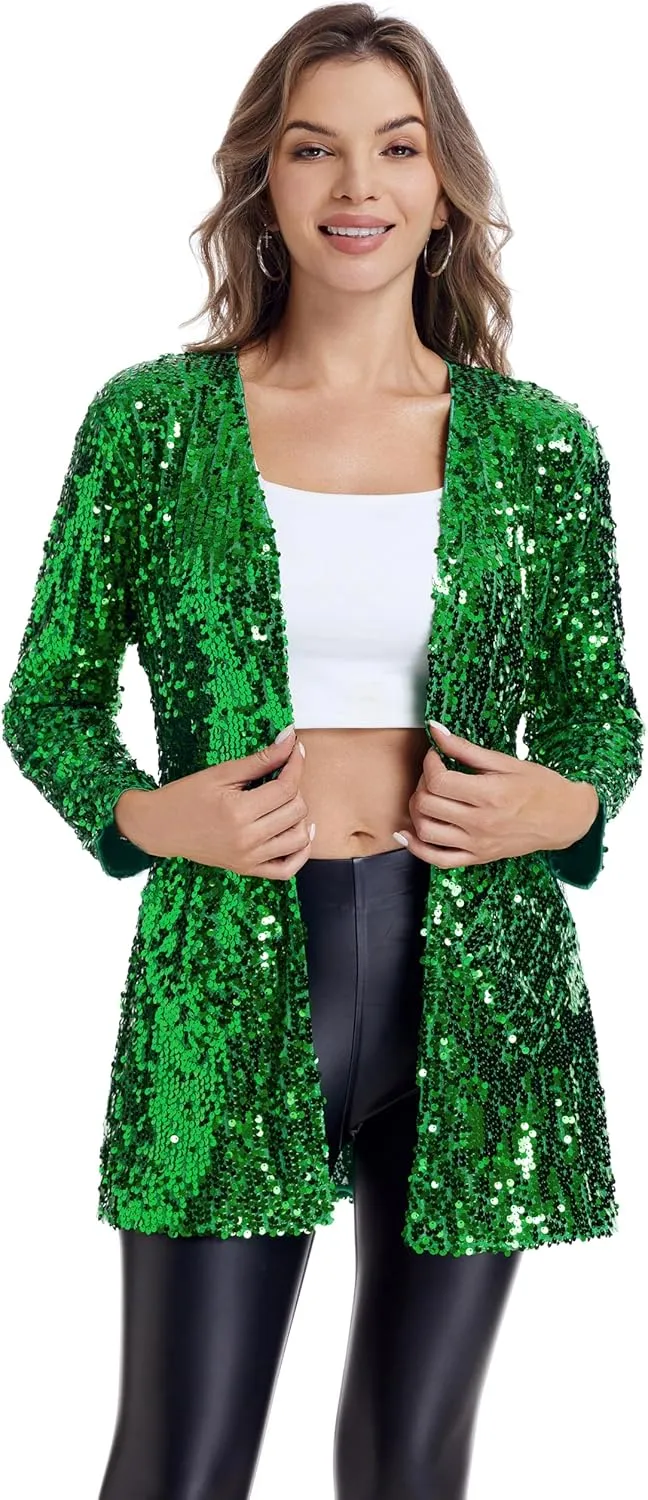 Women's Sequin Jacket Long Sleeve Open Front Blazer Glitter Sparkly Coat Party Casual Cardigan