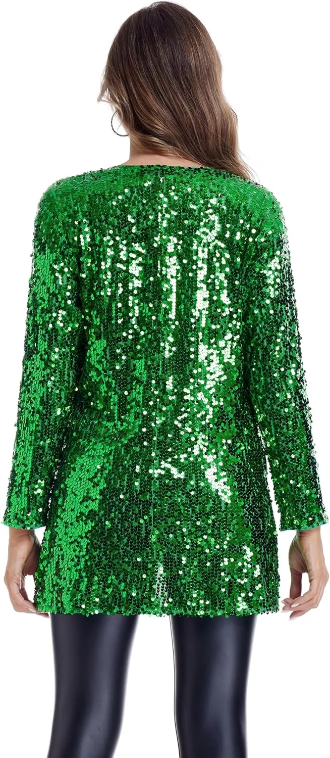 Women's Sequin Jacket Long Sleeve Open Front Blazer Glitter Sparkly Coat Party Casual Cardigan