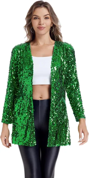 Women's Sequin Jacket Long Sleeve Open Front Blazer Glitter Sparkly Coat Party Casual Cardigan