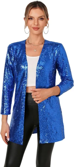 Women's Sequin Jacket Long Sleeve Open Front Blazer Glitter Sparkly Coat Party Casual Cardigan