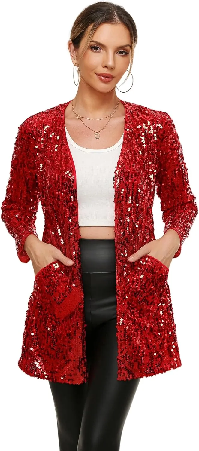 Women's Sequin Jacket Long Sleeve Open Front Blazer Glitter Sparkly Coat Party Casual Cardigan