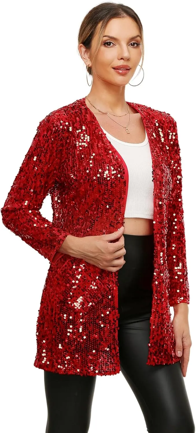 Women's Sequin Jacket Long Sleeve Open Front Blazer Glitter Sparkly Coat Party Casual Cardigan