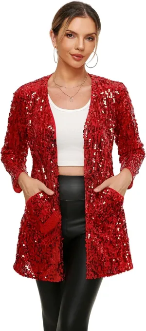 Women's Sequin Jacket Long Sleeve Open Front Blazer Glitter Sparkly Coat Party Casual Cardigan