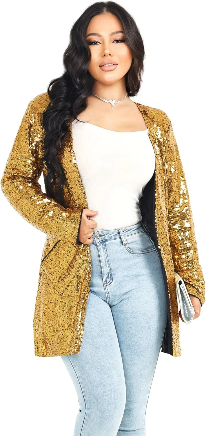 Women's Sequin Jacket Long Sleeve Open Front Blazer Glitter Sparkly Coat Party Casual Cardigan