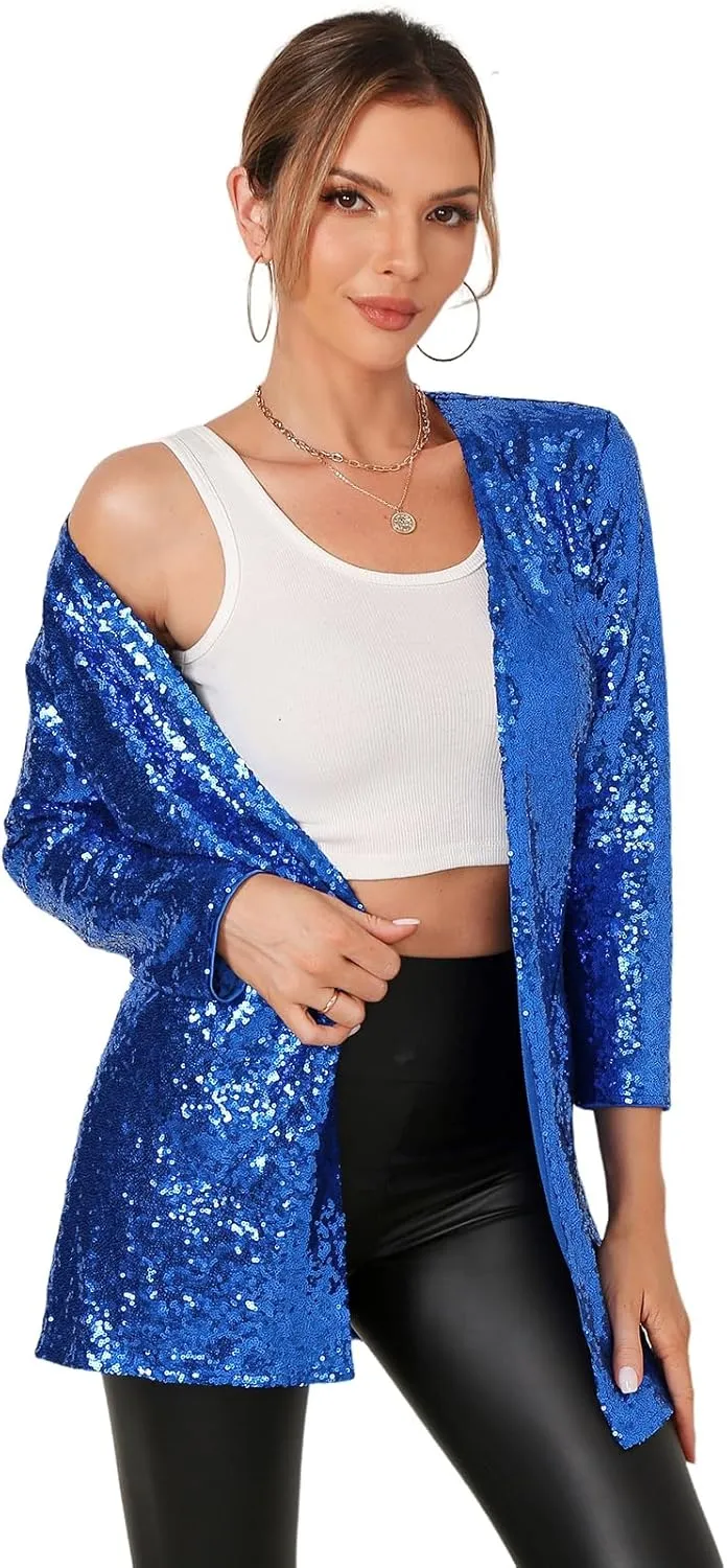 Women's Sequin Jacket Long Sleeve Open Front Blazer Glitter Sparkly Coat Party Casual Cardigan