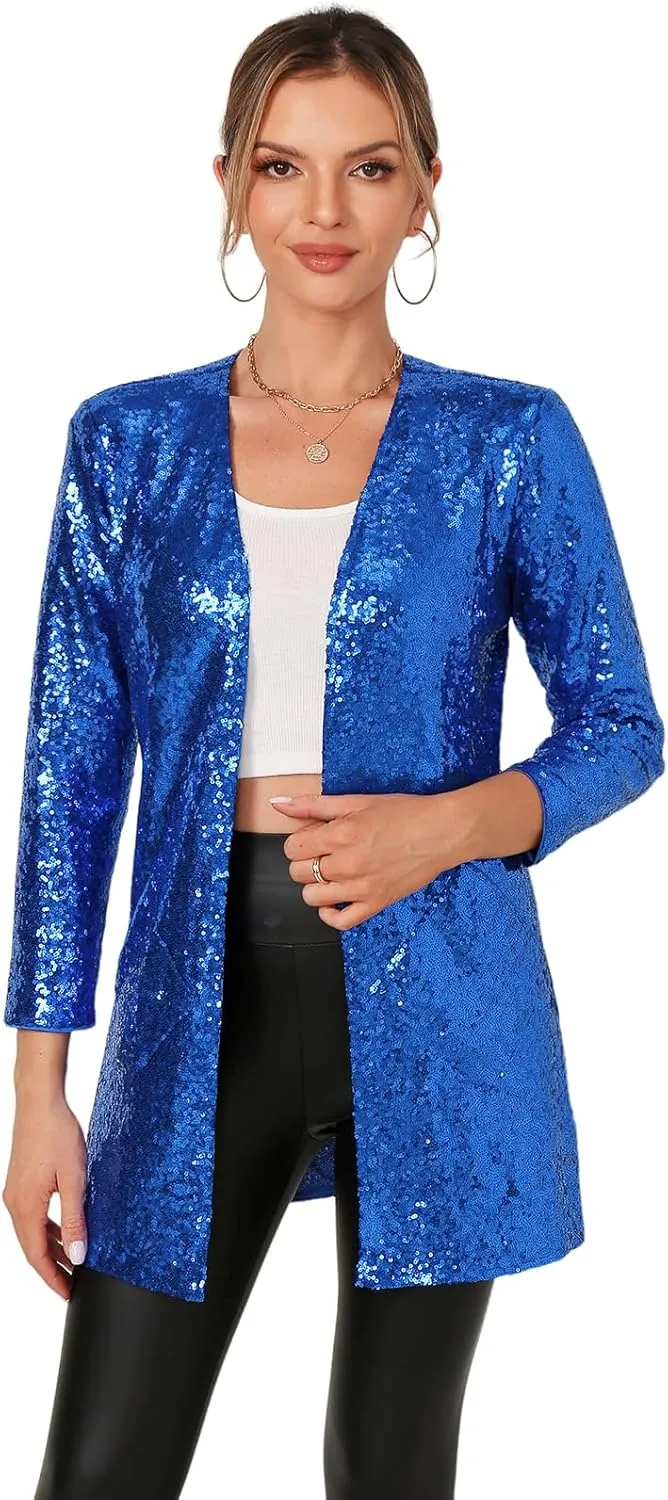 Women's Sequin Jacket Long Sleeve Open Front Blazer Glitter Sparkly Coat Party Casual Cardigan