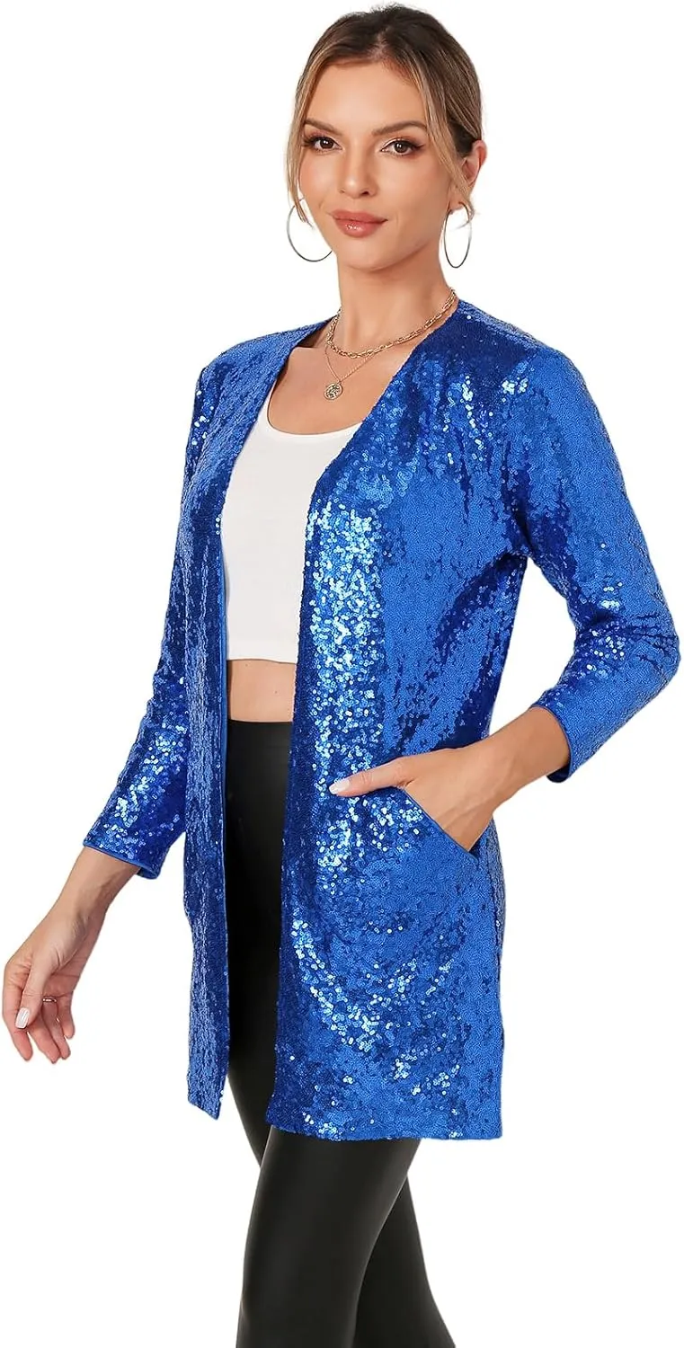 Women's Sequin Jacket Long Sleeve Open Front Blazer Glitter Sparkly Coat Party Casual Cardigan