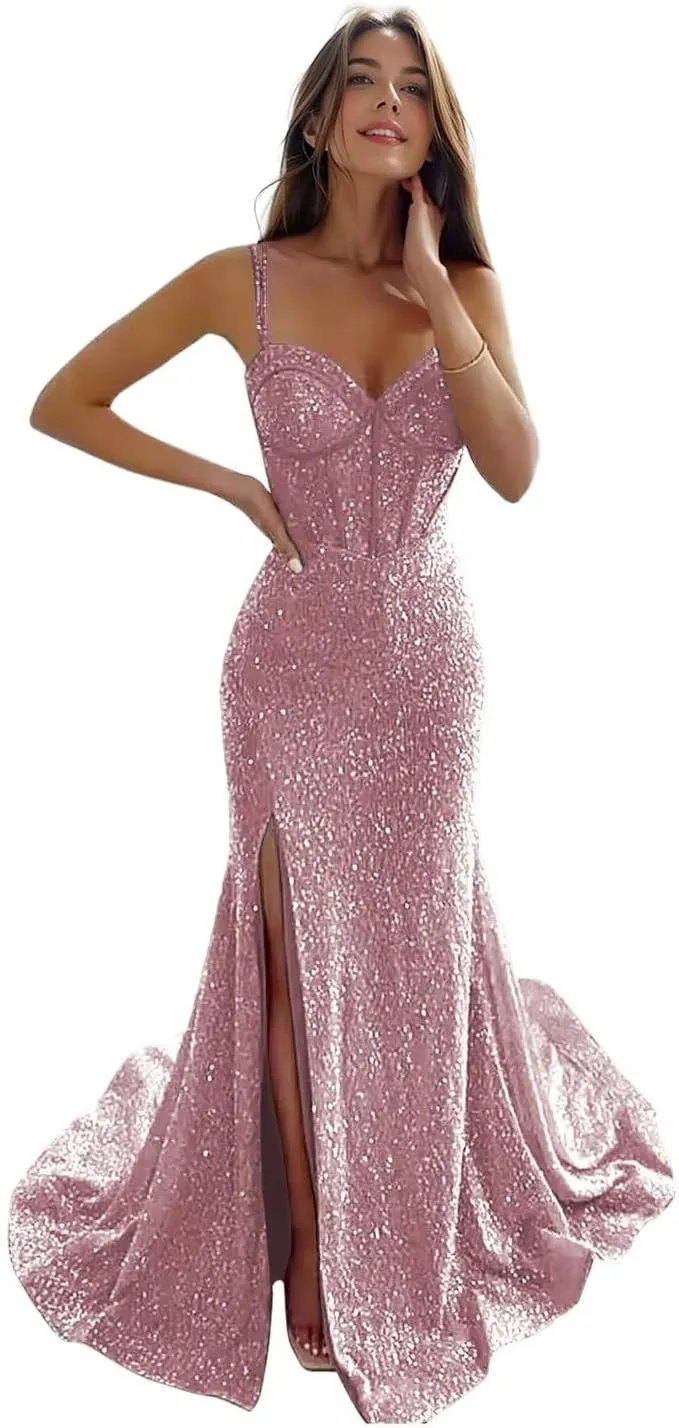 Women's Sequin Mermaid Prom Dresses Long with Slit Spaghetti Straps Formal Party Dresses XOD011