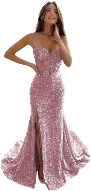 Women's Sequin Mermaid Prom Dresses Long with Slit Spaghetti Straps Formal Party Dresses XOD011