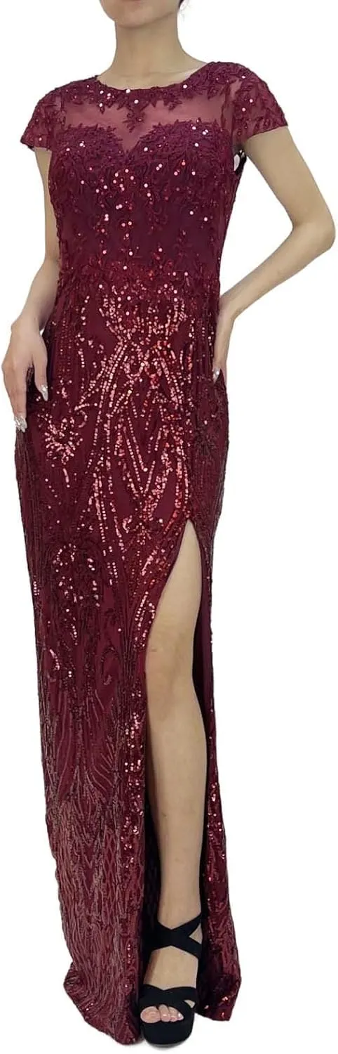Women's Short Sleeve Sequin Embroidered Lace Applique Sparkly Glitter Slit A Line Party Club Long Evening Gown Dress