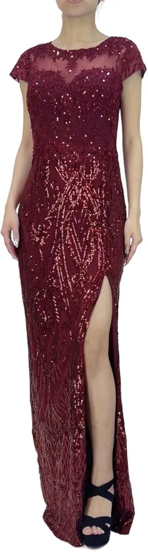 Women's Short Sleeve Sequin Embroidered Lace Applique Sparkly Glitter Slit A Line Party Club Long Evening Gown Dress