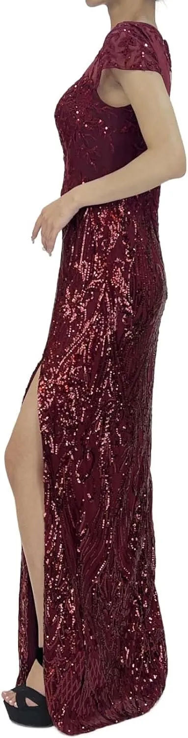 Women's Short Sleeve Sequin Slit Embroidered Lace Applique Sparkly Glitter A Line Party Club Long Evening Gown Dress