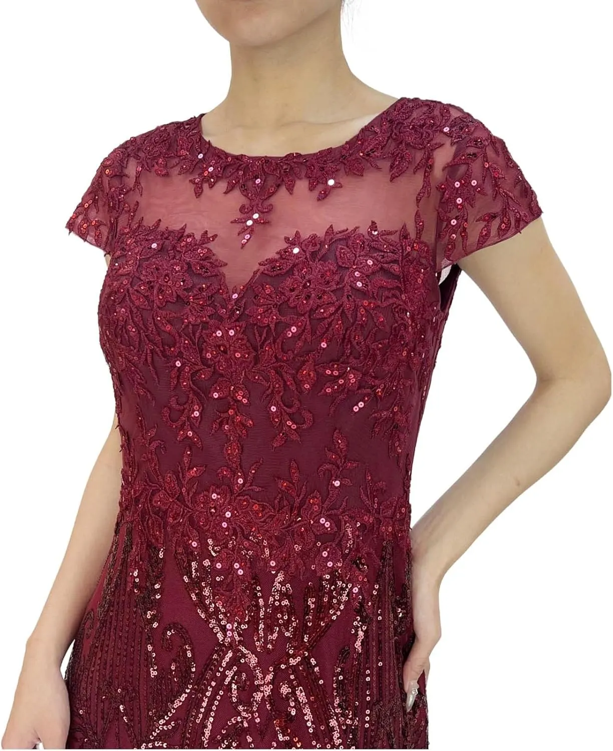 Women's Short Sleeve Sequin Slit Embroidered Lace Applique Sparkly Glitter A Line Party Club Long Evening Gown Dress