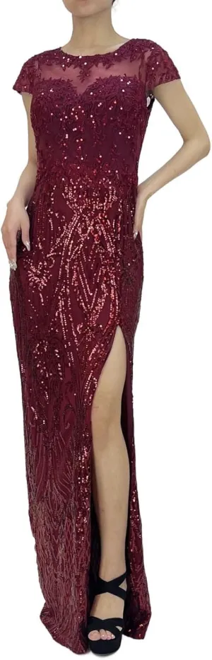Women's Short Sleeve Sequin Slit Embroidered Lace Applique Sparkly Glitter A Line Party Club Long Evening Gown Dress