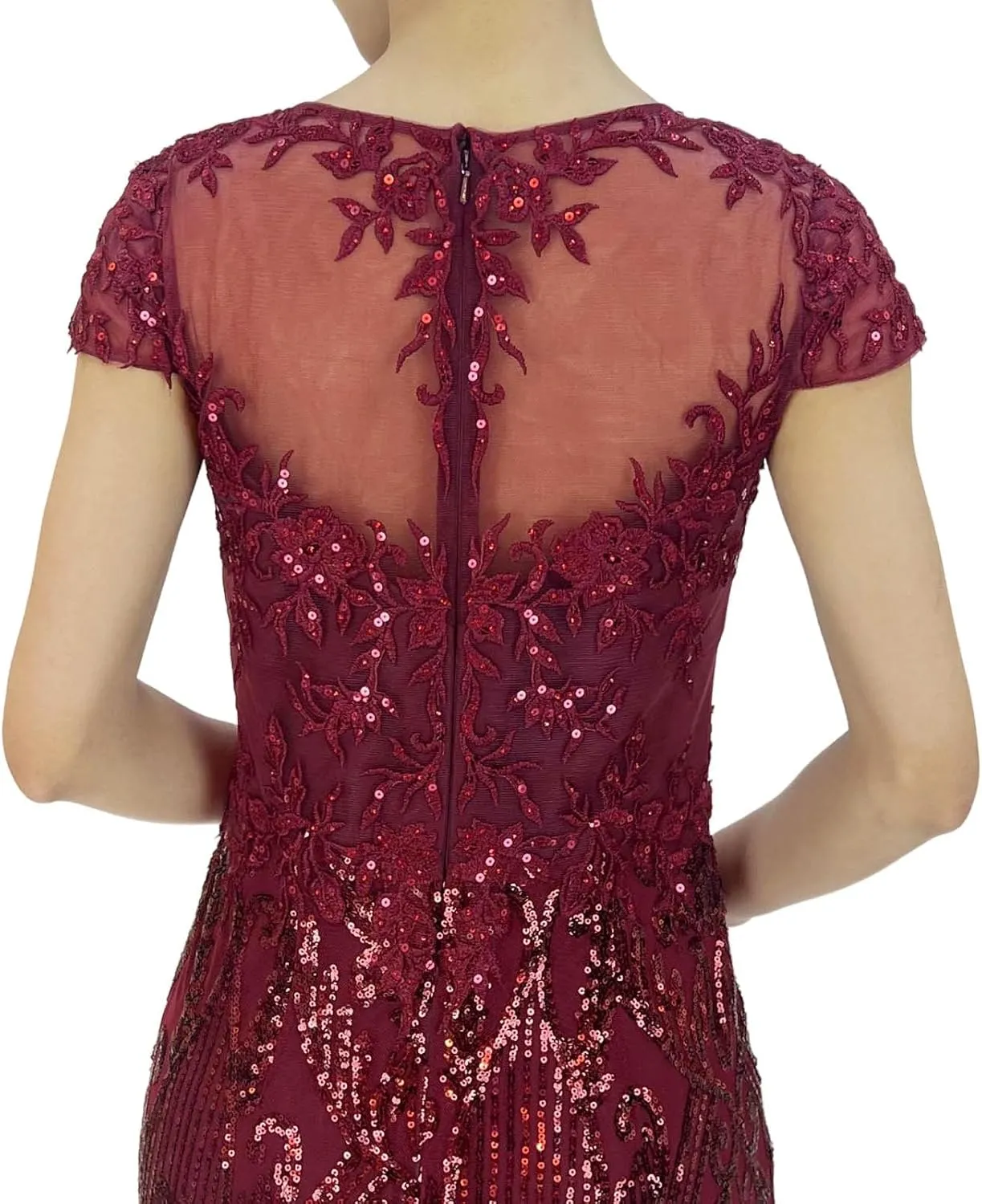Women's Short Sleeve Sequin Slit Embroidered Lace Applique Sparkly Glitter A Line Party Club Long Evening Gown Dress